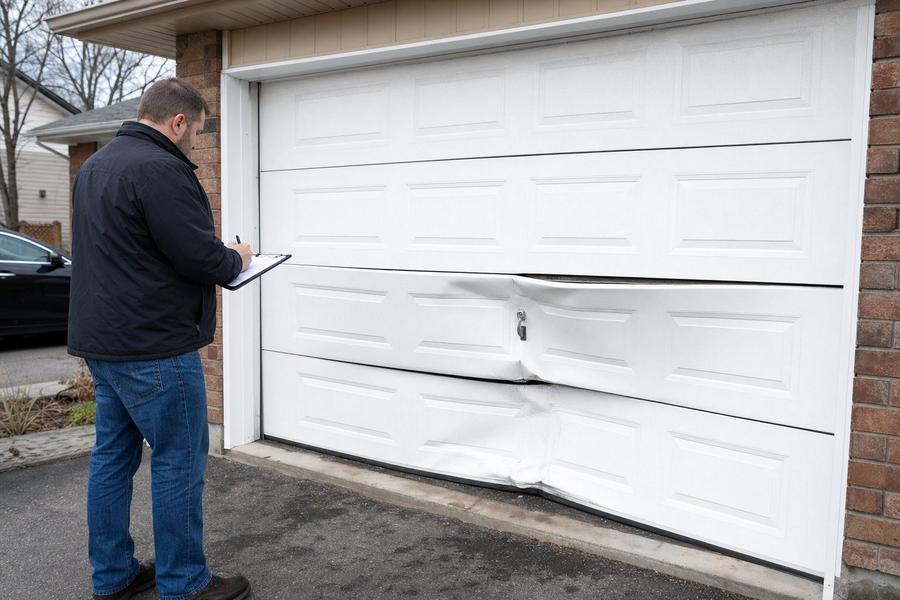 Homeowner assessing a dented and buckled garage door panel for an Ontario home insurance claim