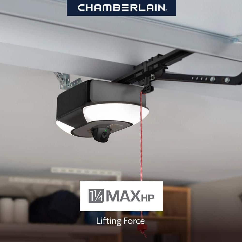Chamberlain B6753T 1-1/4 HP Secure View belt-drive garage door opener mounted with camera and LED lighting