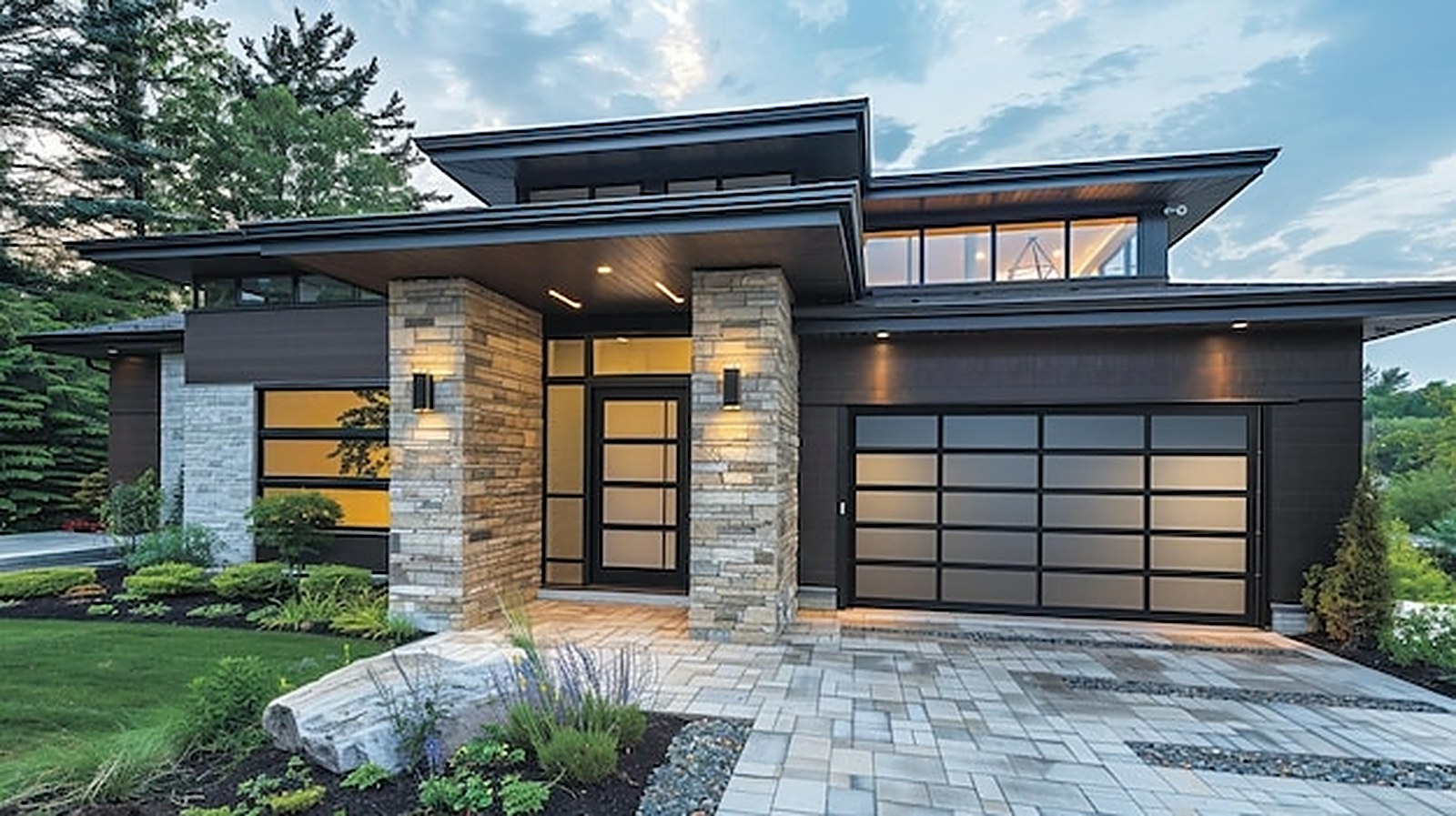 Modern stone-front home with a sleek glass-panel garage door
