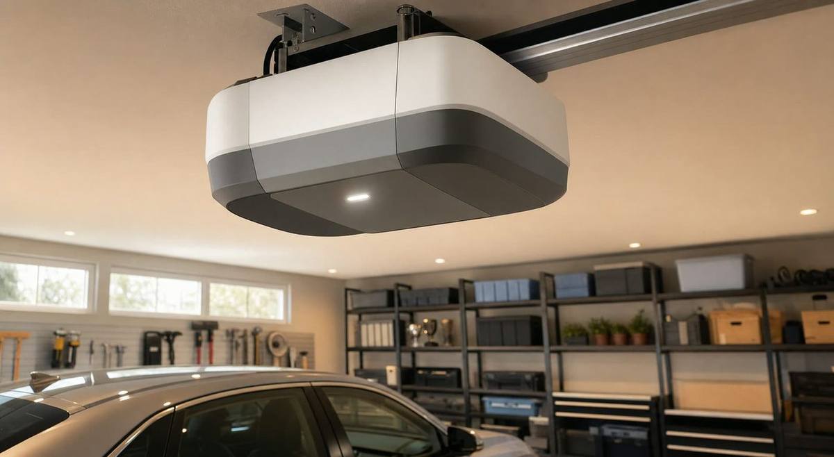 Modern residential garage door opener meeting Ontario safety code requirements