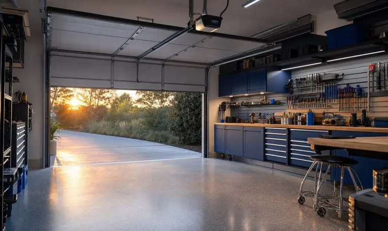 A clean, organized garage with a modern door