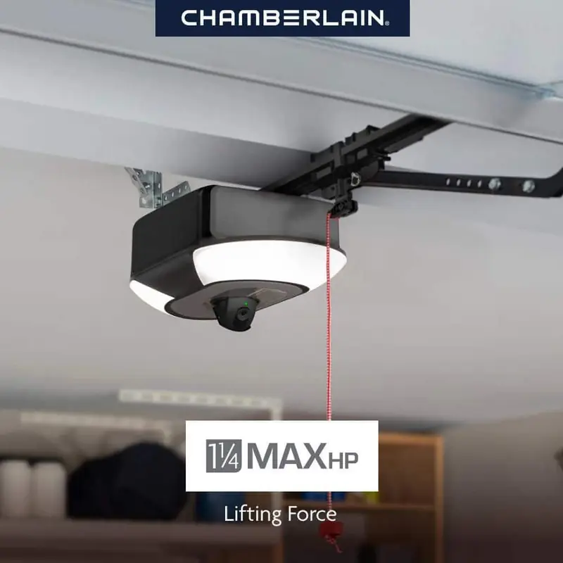 Chamberlain B6753T 1-1/4 HP Secure View belt-drive garage door opener mounted with camera and LED lighting